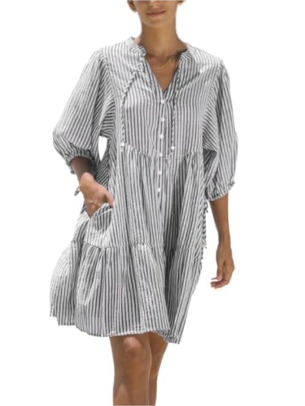 Women's Cotton Midi Shirt Dress with Pockets V-Neck Tiered Boho Tunic
